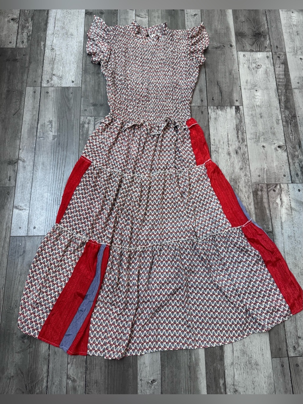 Perry Walker Collective Patchwork Silk Blend Abstract Cotton Woven Midi Dress 3